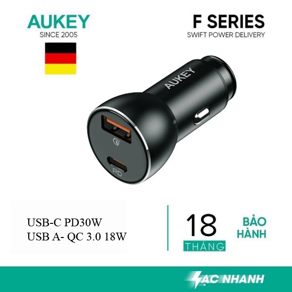 Tẩu sạc nhanh 48W cho xe hơi hãng AUKEY CC-Y48 , sạc oto ô tô vỏ kim loại, nhỏ gọn