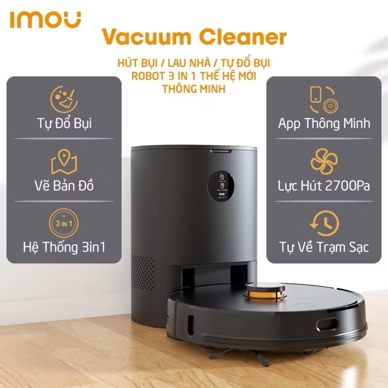 Robot hút bụi+lau nhà IMOU RV-L11-A, lực hút 2700Pa, tự đổ rác, bản Q.Tế, kèm đổi nguồn 110v