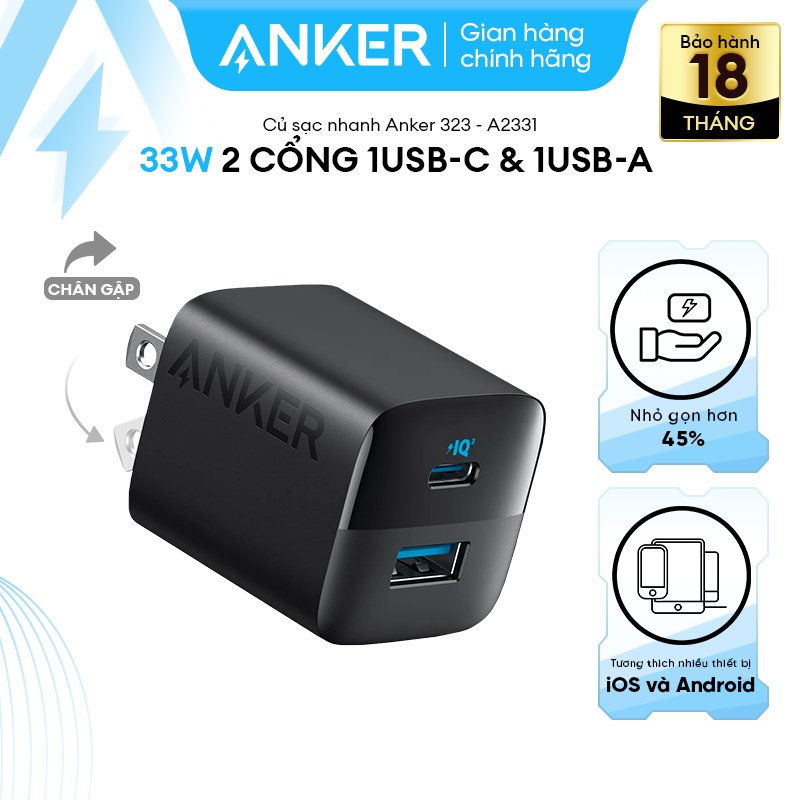 Củ sạc nhanh 33W ANKER A2331, 1 cổng Type C + 1 cổng USB ( bản F )