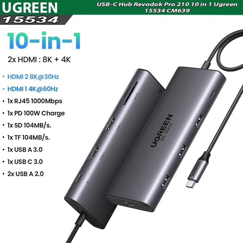 Hub USB-C Ugreen 10 in 1 15534 CM639, hỗ trợ 2 HDMI 8K30hz và 4K60Hz, 3x USB-A, 1x U