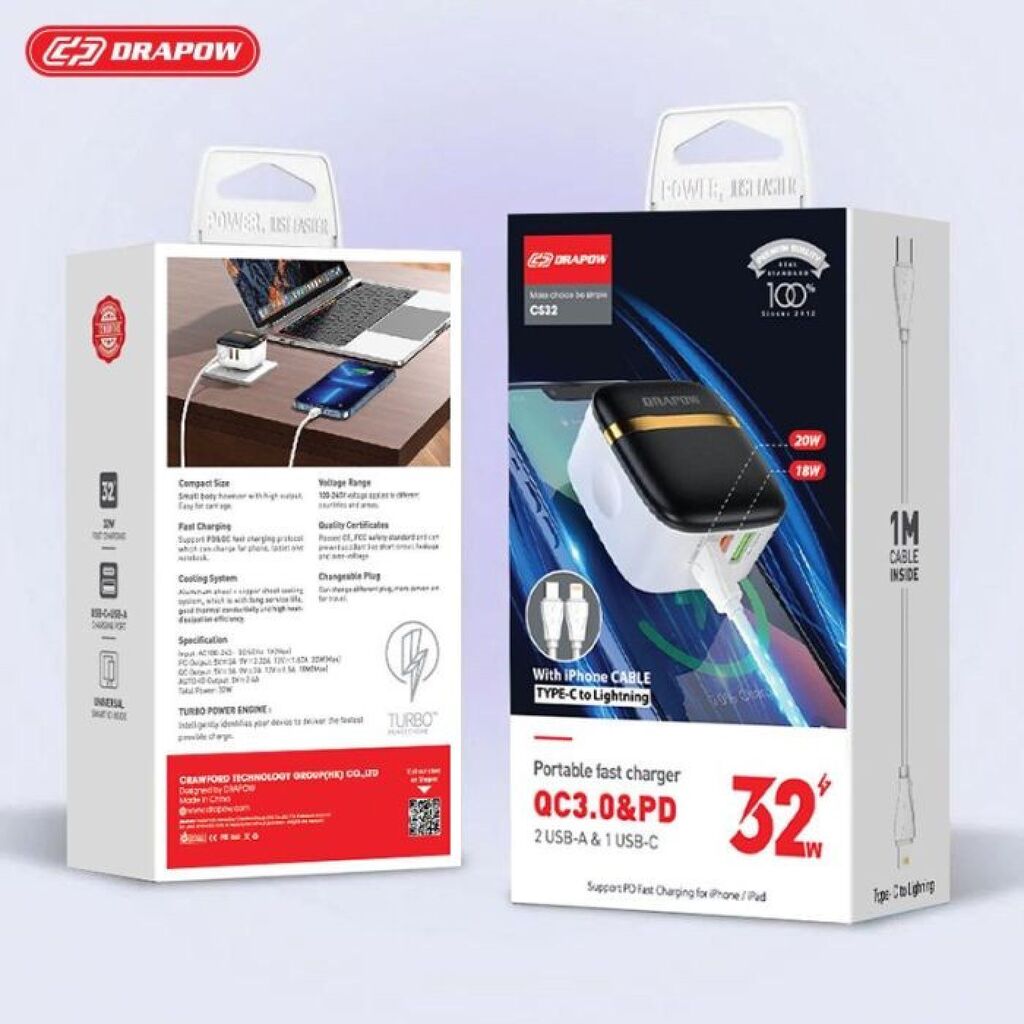 Bộ củ cáp sạc nhanh 3 cổng sạc- 32W CS32 DRAPOW tặng kèm cáp iPhone C to L