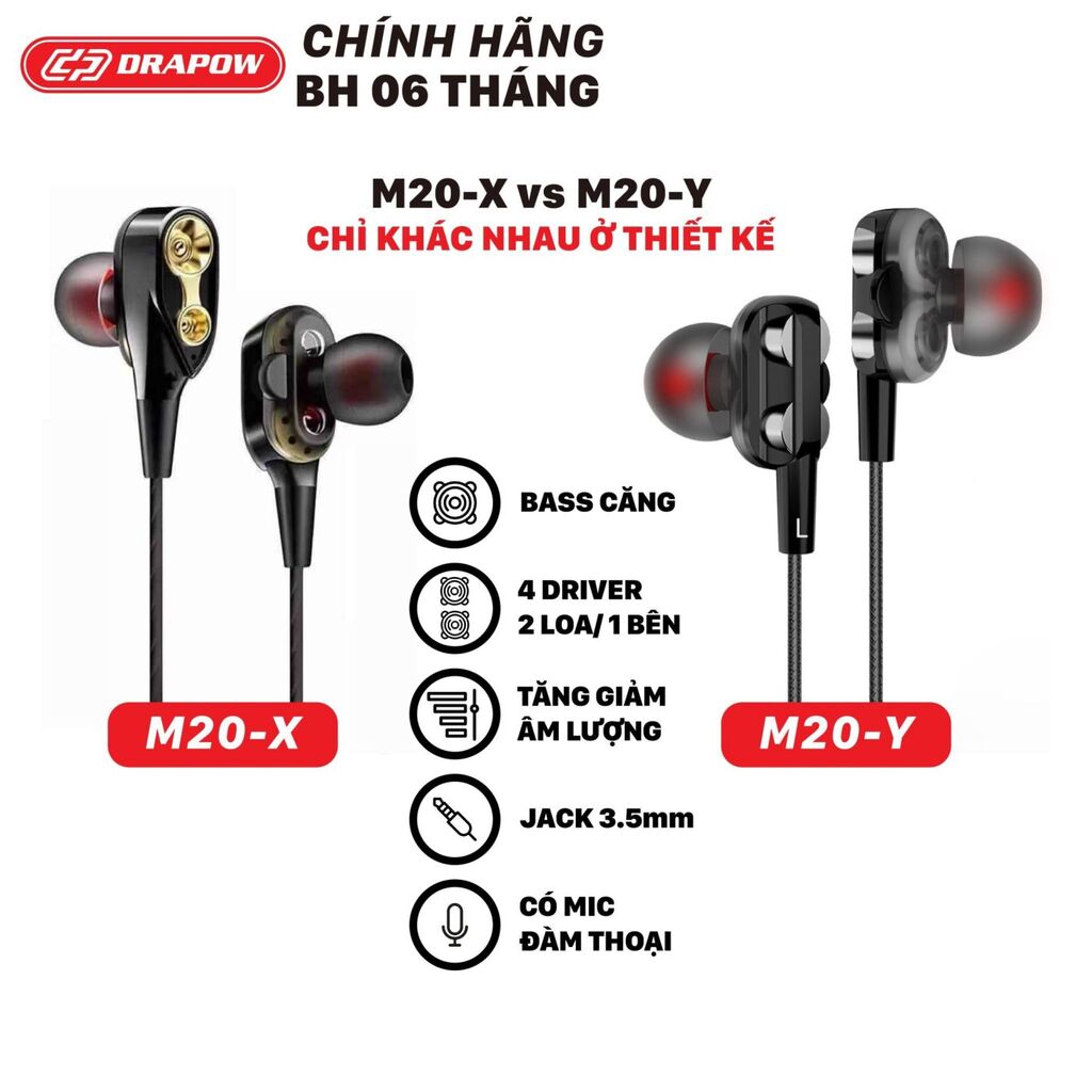 Tai nghe dây 3.5mm hãng Drapow M20 - có phím chỉnh volume - bao bì túi