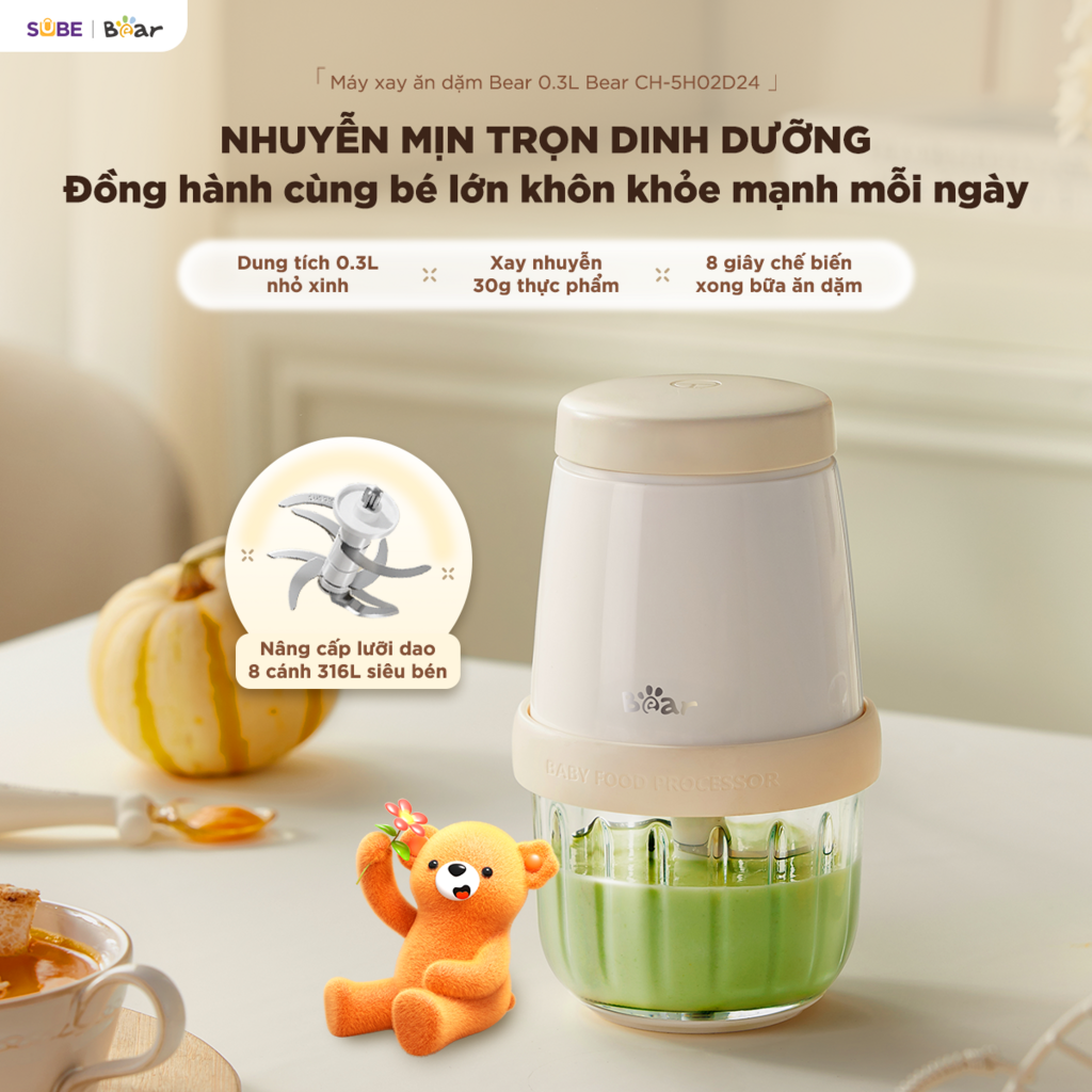 (GIÁ ĐỘC QUYỀN) Máy xay ăn dặm 8 lưỡi 0.3L Bear CH-5H02D24 (2 màu Trắng - Vàng) - Ảnh 2