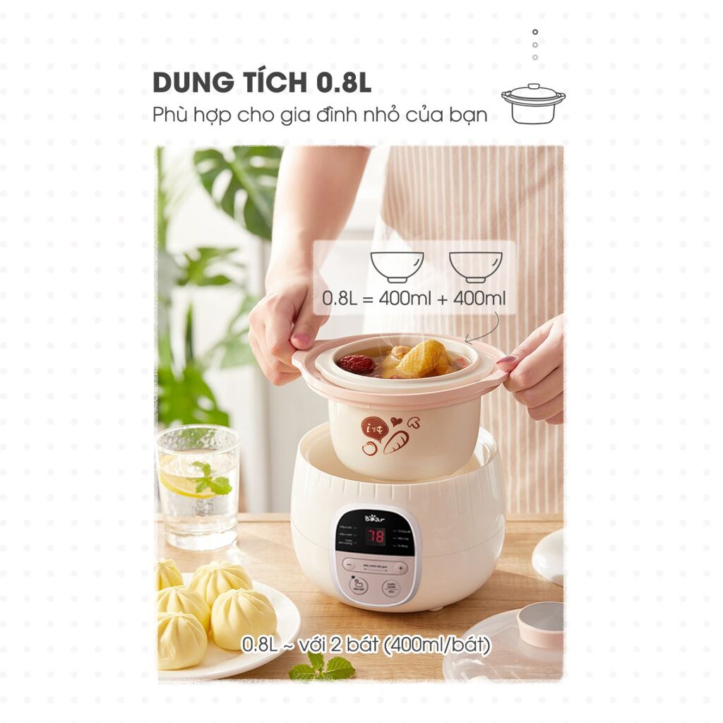Nồi Nấu Chậm SUBE001 0,8L Bear Chính Hãng, Nấu Cháo, Hầm, Hấp, Chưng Yến Giữ Trọn Chất Dinh Dưỡng - Ảnh 4