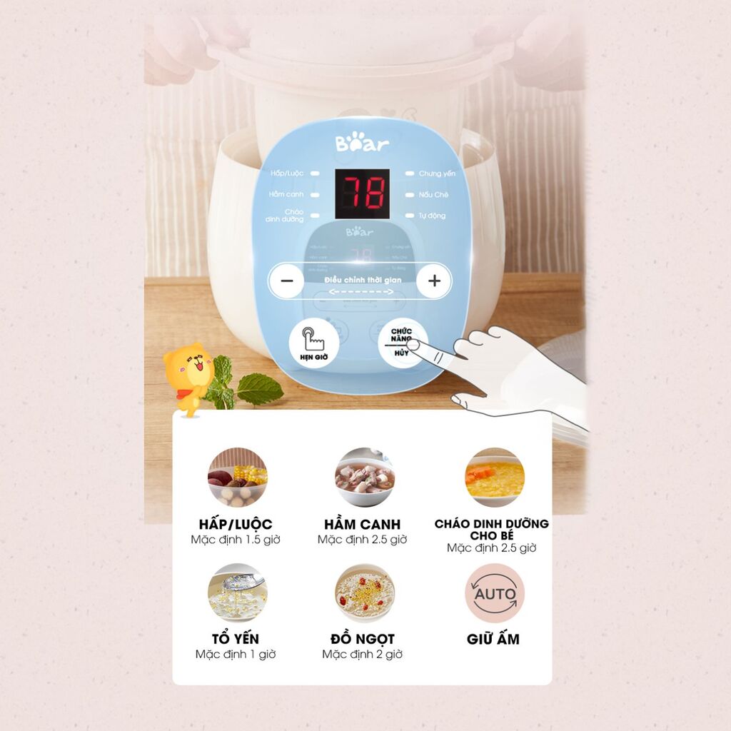 Nồi Nấu Chậm SUBE001 0,8L Bear Chính Hãng, Nấu Cháo, Hầm, Hấp, Chưng Yến Giữ Trọn Chất Dinh Dưỡng - Ảnh 6