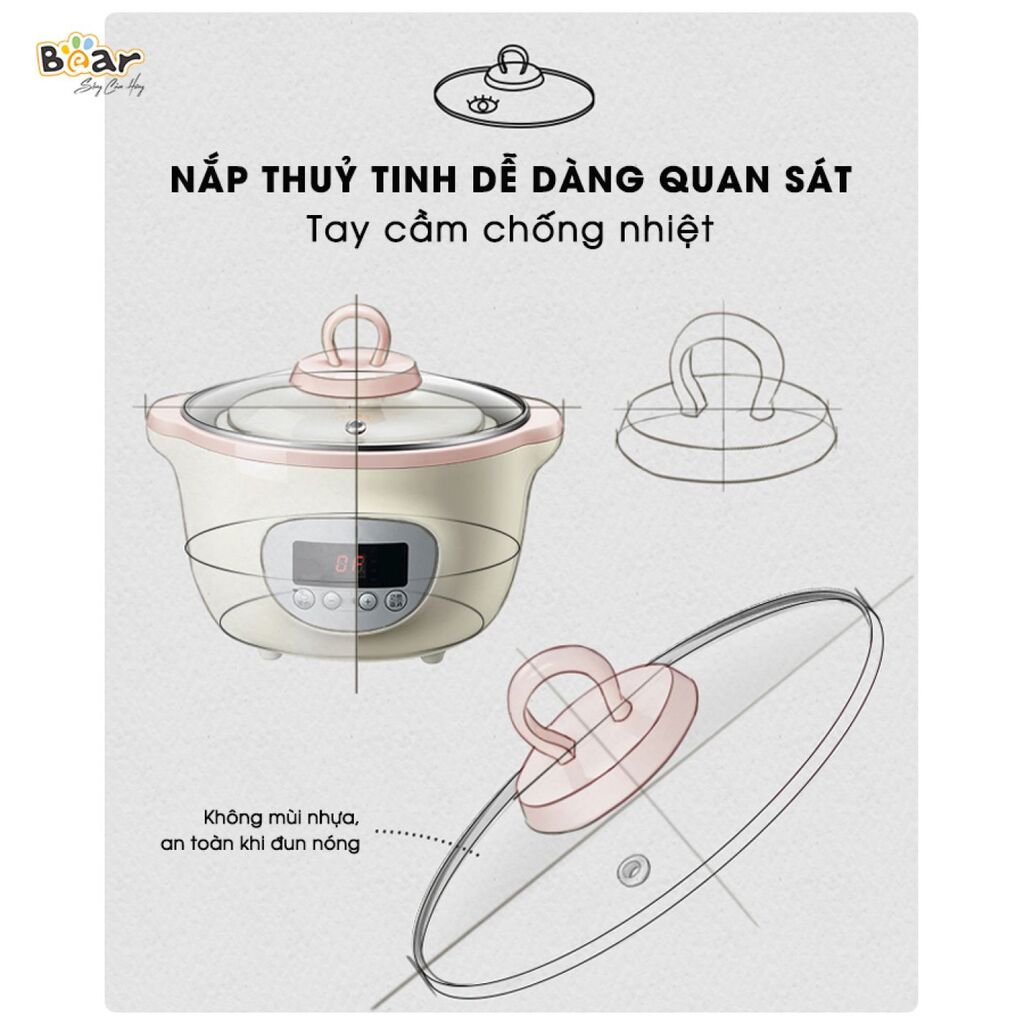 Nồi Nấu Chậm Bear 1,6L SUBE002 Bear Chính Hãng Đa Năng Nấu Cháo, Chưng Yến Bản Tiếng Việt - Ảnh 3