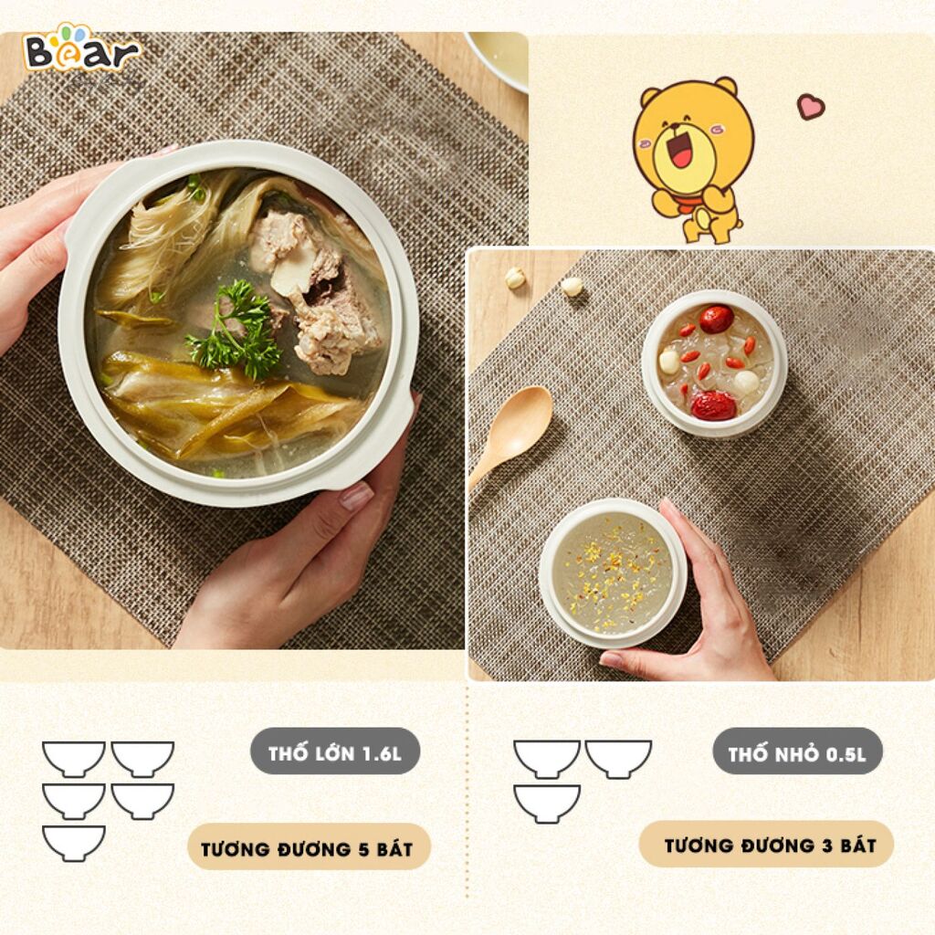 Nồi Nấu Chậm Bear 1,6L SUBE002 Bear Chính Hãng Đa Năng Nấu Cháo, Chưng Yến Bản Tiếng Việt - Ảnh 4