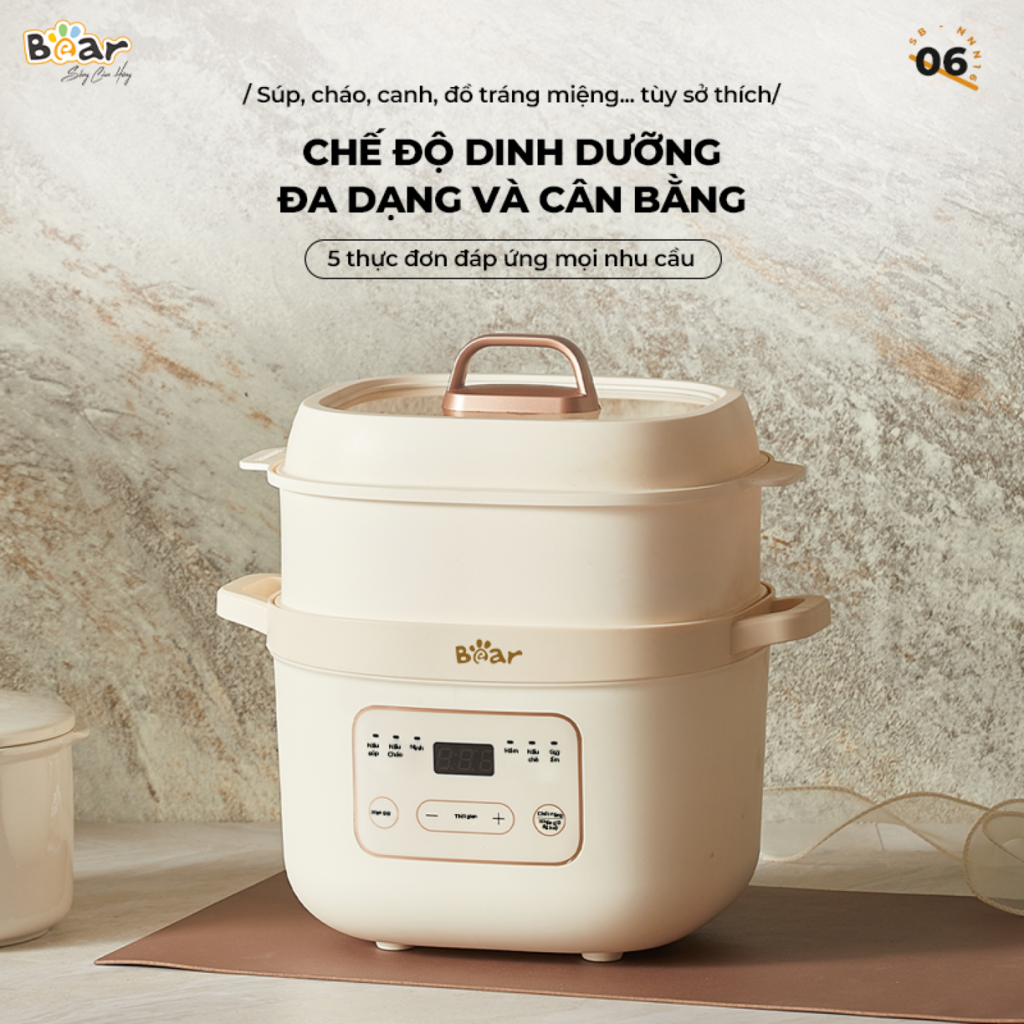 Nồi Nấu Chậm Bear 1,6L SB-NNC16 Đa Năng 6 Chế Độ Ninh Nấu Hầm Hấp Tiết Kiệm Thời Gian Giữ Trọn Chất