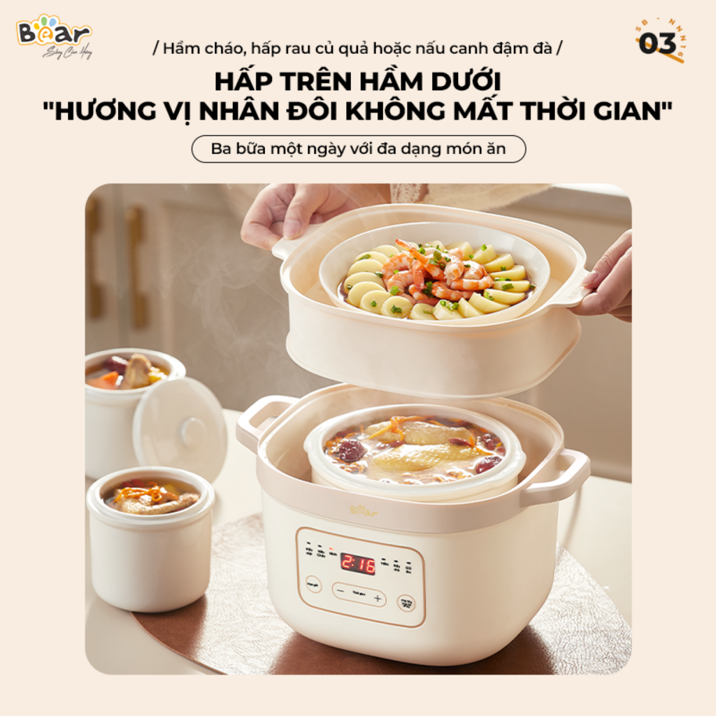 Nồi Nấu Chậm Bear 1,6L SB-NNC16 Đa Năng 6 Chế Độ Ninh Nấu Hầm Hấp Tiết Kiệm Thời Gian Giữ Trọn Chất - Ảnh 4
