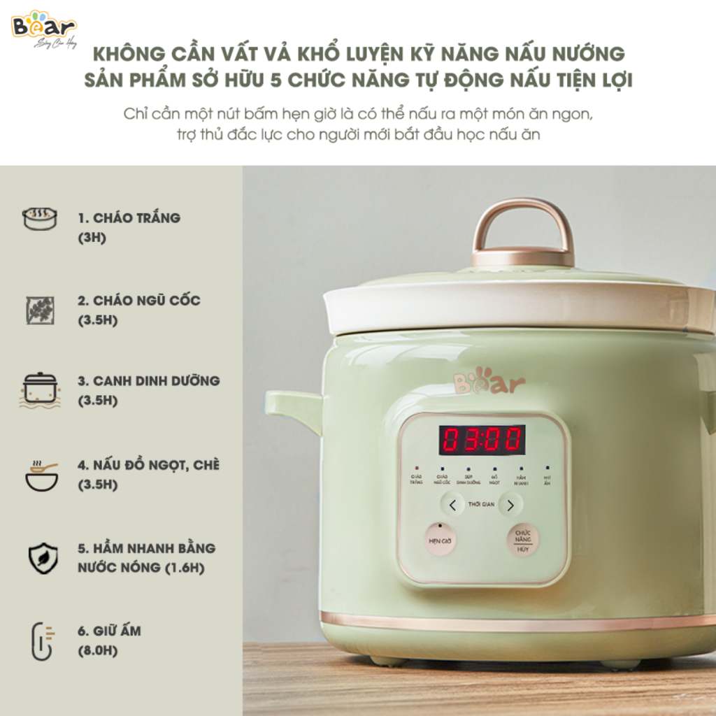 Nồi Nấu Chậm Trực Tiếp BEAR 2L SB-NNC20 Đa Năng Kho Cá Kho Thịt Nồi Áp Suất Hầm Giữ Ấm Giữ Trọn Chất - Ảnh 6