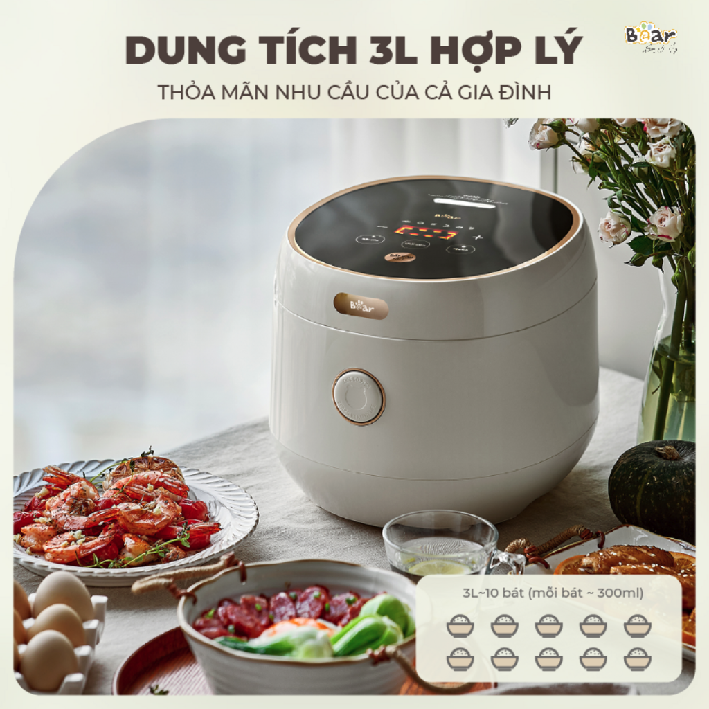 Nồi Cơm Điện Tử Bear 3L Lòng Nồi 6 Lớp Đa Năng Nấu Cơm Nấu Cháo Hầm Hấp Hâm Nóng