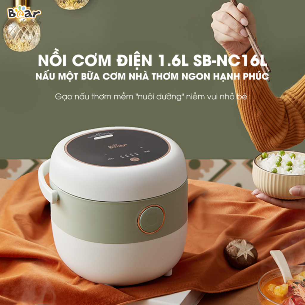 Nồi Cơm Điện Tử Đa Năng Bear 1,6L SB-NC16L Cảm Ứng Cảm Biến Nhiệt Chống Trào Giữ Ấm Hẹn Giờ 12 Tiếng