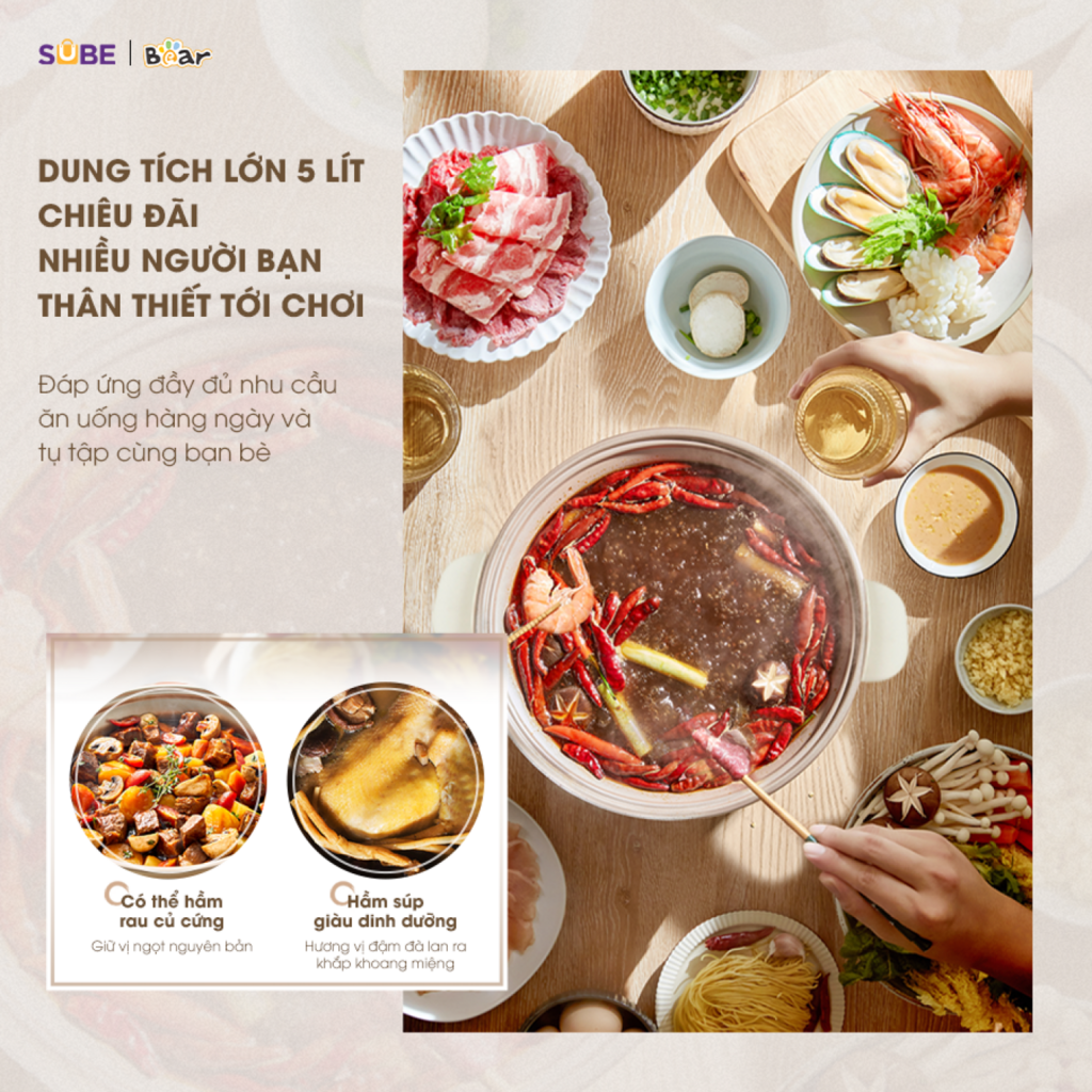 Nồi Lẩu Điện Đa Năng 5L Bear Chiên Xào Nấu Đế Tách Rời Sôi Nhanh Tiết Kiệm Điện Nhiệt Tỏa Đều - Ảnh 4
