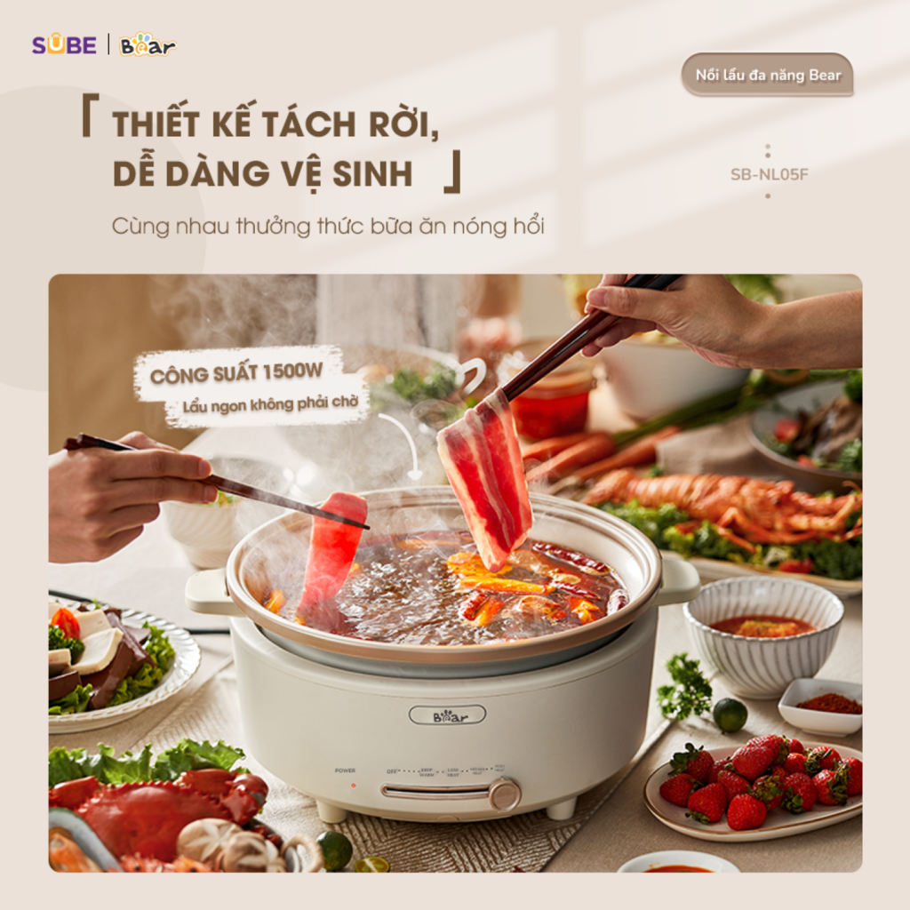 Nồi Lẩu Điện Đa Năng 5L Bear Chiên Xào Nấu Đế Tách Rời Sôi Nhanh Tiết Kiệm Điện Nhiệt Tỏa Đều - Ảnh 7