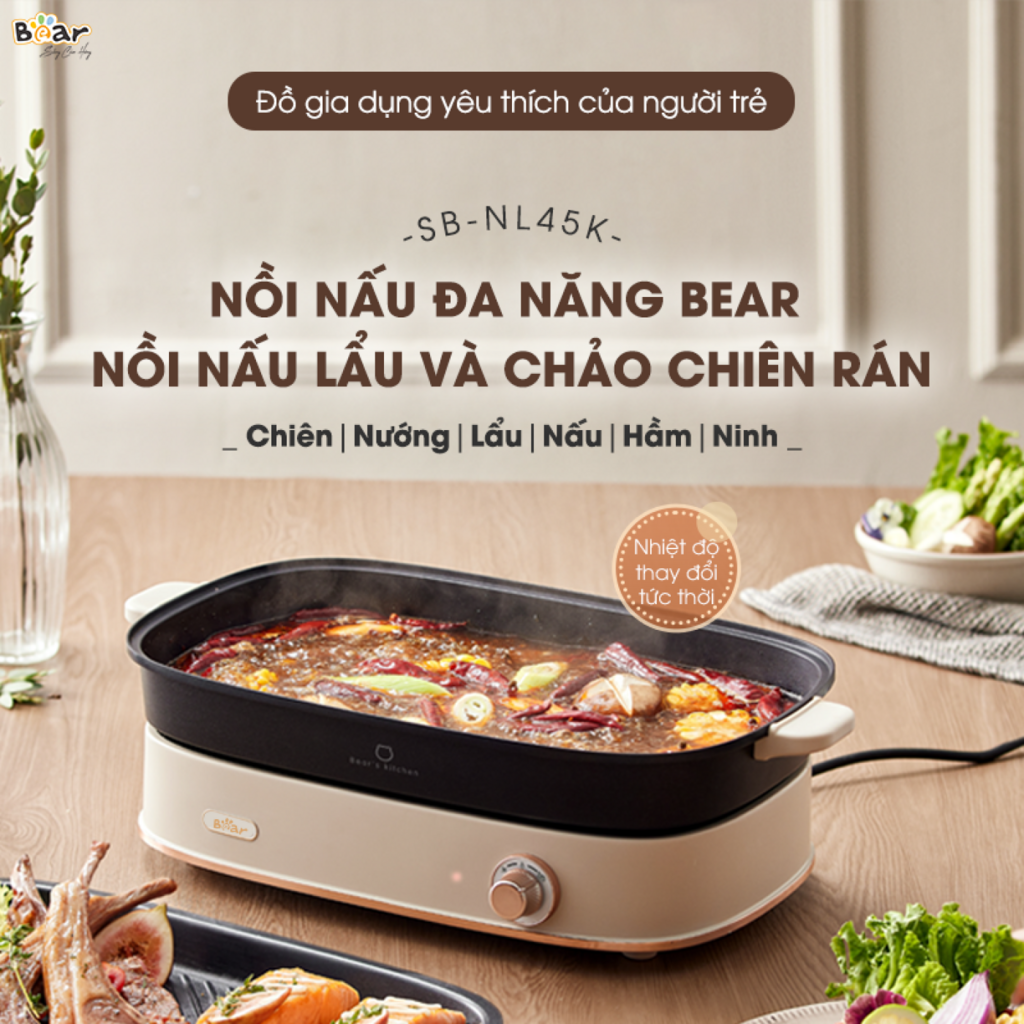 Nồi Lẩu Đa Năng Bear 4,5L 6 Chức Năng Nấu Chiên Nướng Lẩu Nấu Hầm Ninh Tiết Kiệm Điện Chống Dính