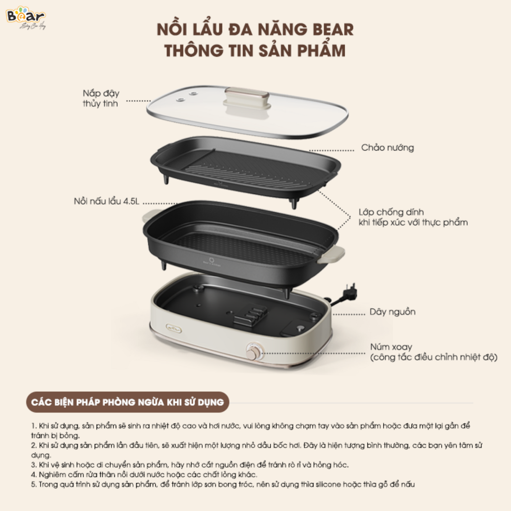 Nồi Lẩu Đa Năng Bear 4,5L 6 Chức Năng Nấu Chiên Nướng Lẩu Nấu Hầm Ninh Tiết Kiệm Điện Chống Dính - Ảnh 5