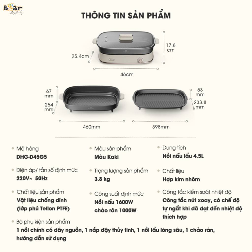 Nồi Lẩu Đa Năng Bear 4,5L 6 Chức Năng Nấu Chiên Nướng Lẩu Nấu Hầm Ninh Tiết Kiệm Điện Chống Dính - Ảnh 7