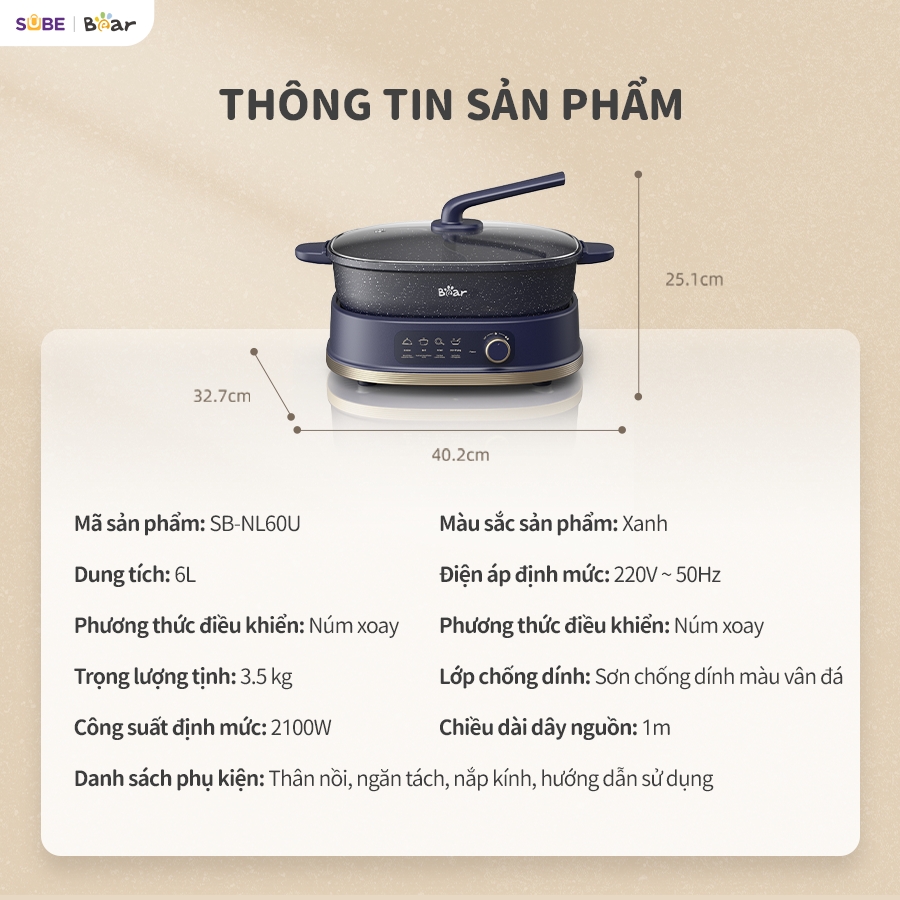 Nồi Lẩu 2 Ngăn Bear Đa Năng Nhiều Chế Độ Nấu Lẩu Hầm Ninh Chiên Rán Xào Chống Dính Cực Tốt - Ảnh 4