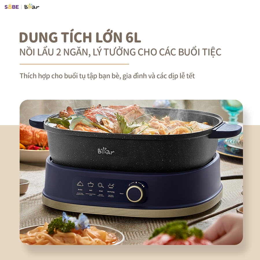 Nồi Lẩu 2 Ngăn Bear Đa Năng Nhiều Chế Độ Nấu Lẩu Hầm Ninh Chiên Rán Xào Chống Dính Cực Tốt