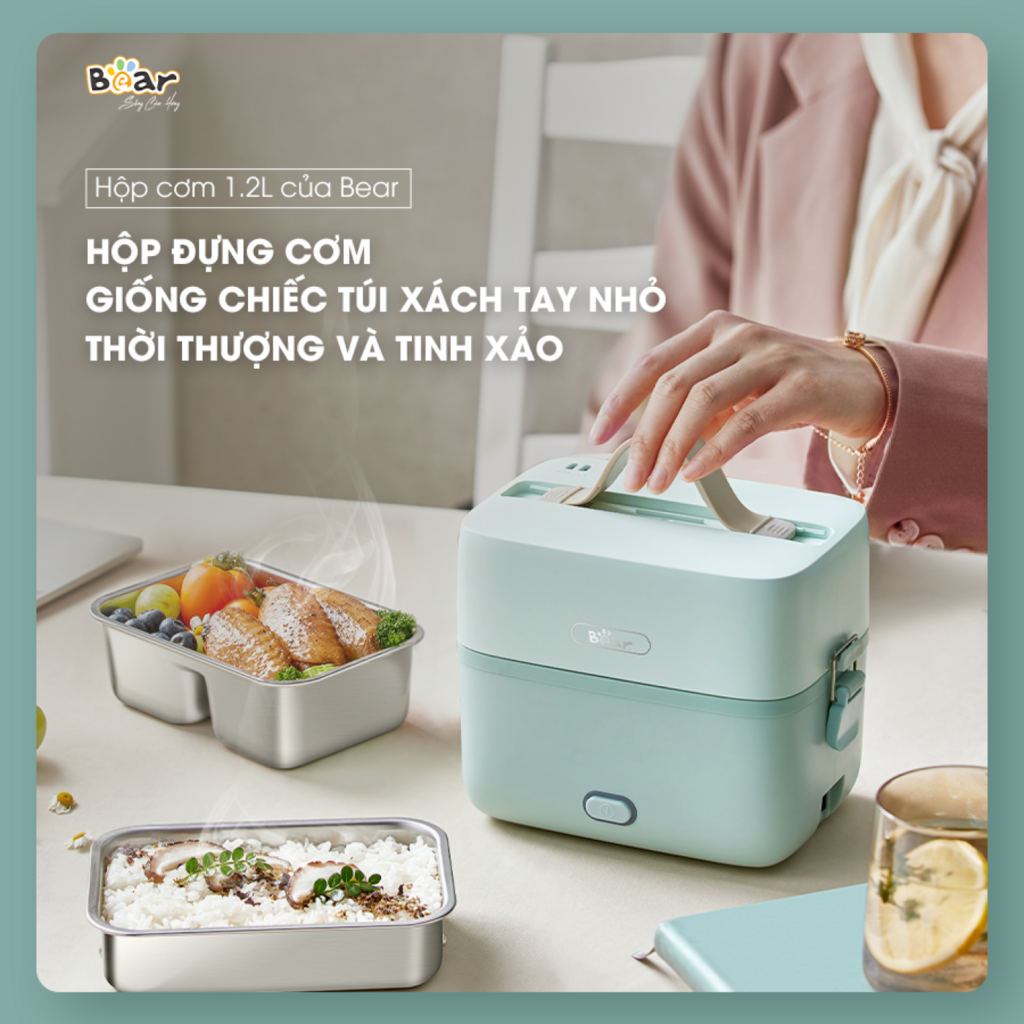 Hộp Cơm Cắm Điện Bear 2 Tầng 3 Ngăn Hâm Nóng Cực Nhanh Inox 304 An Toàn Giữ Nhiệt Chống Trào 1,2L