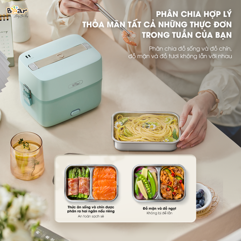 Hộp Cơm Cắm Điện Bear 2 Tầng 3 Ngăn Hâm Nóng Cực Nhanh Inox 304 An Toàn Giữ Nhiệt Chống Trào 1,2L - Ảnh 4