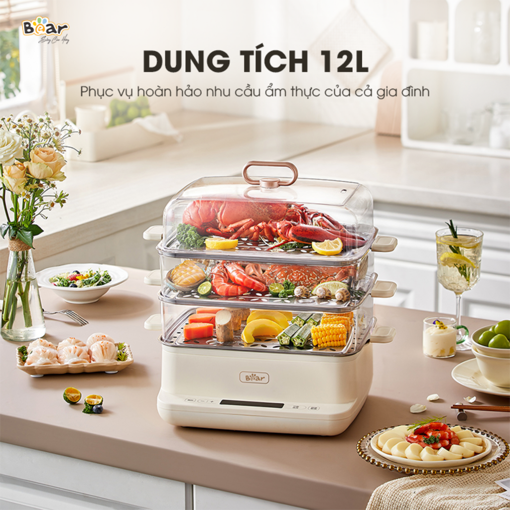 Nồi hấp điện Bear 12L SB-NH12L 3 tầng đa năng, 6 chế độ hấp kháng khuẩn 99,99% không gây mùi