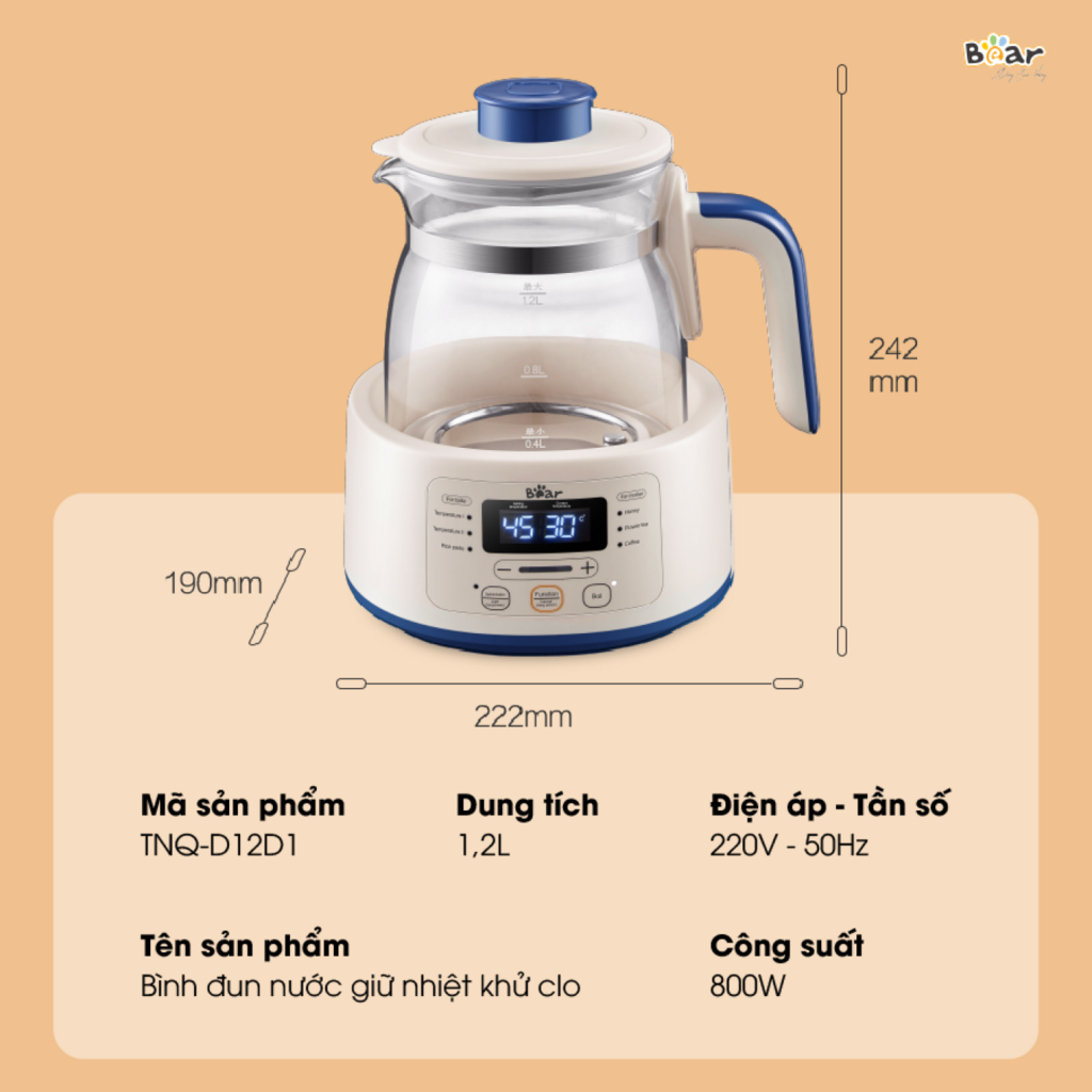 Máy Đun Nước Đa Năng Bear D12D1 Hâm Sữa Thông Minh Khử Clo Pha Sữa An Toàn Cho Bé Bản Tiếng Việt - Ảnh 6