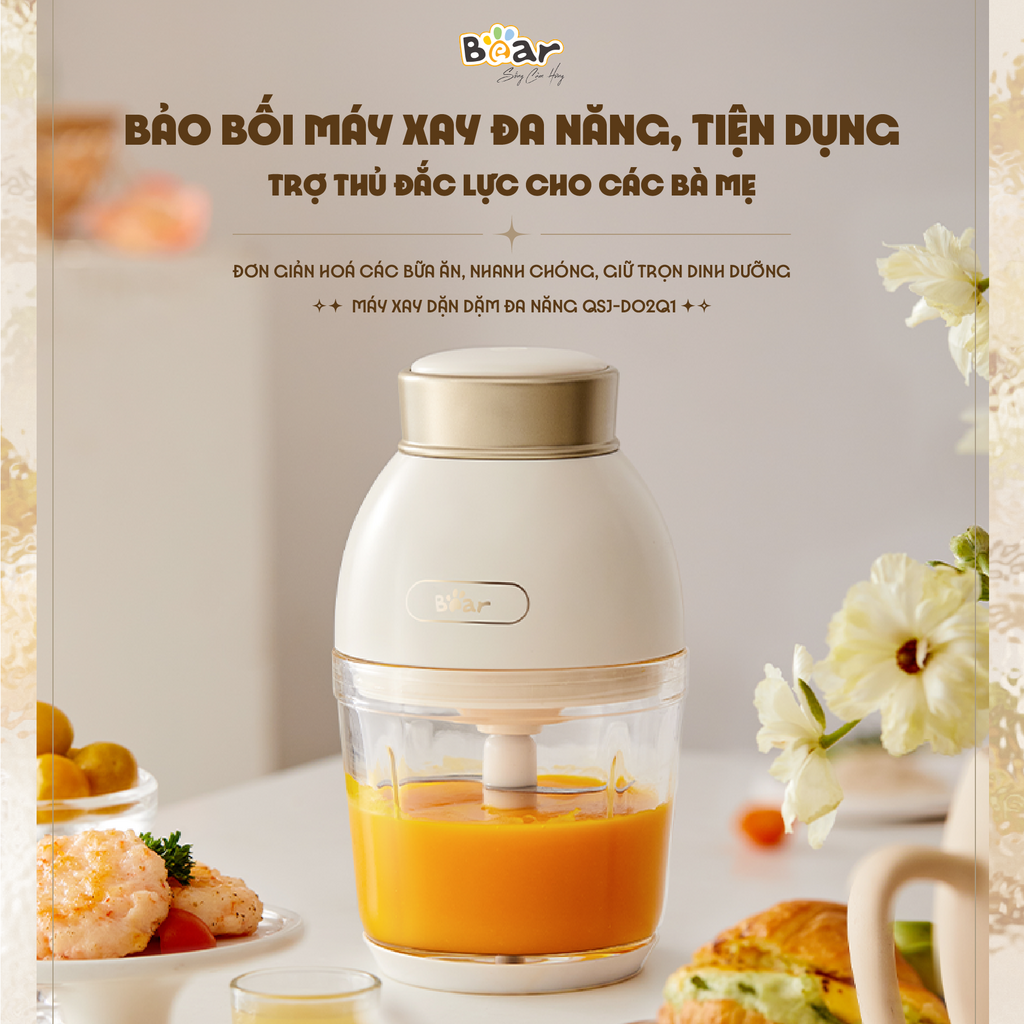 Máy xay ăn dặm 0.6L Bear QSJ D02Q1 cho bé, công suất 200W, đa năng 6 lưỡi dao và cối thủy tinh