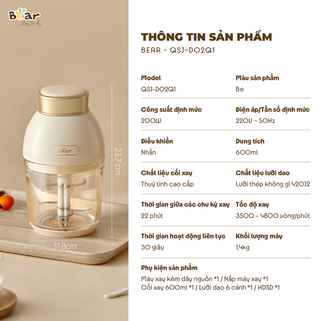 (GIÁ ĐỘC QUYỀN) Máy xay ăn dặm 0.6L Bear QSJ-D02Q1, 200W, đa năng 6 lưỡi dao và cối thủy tinh - Ảnh 2