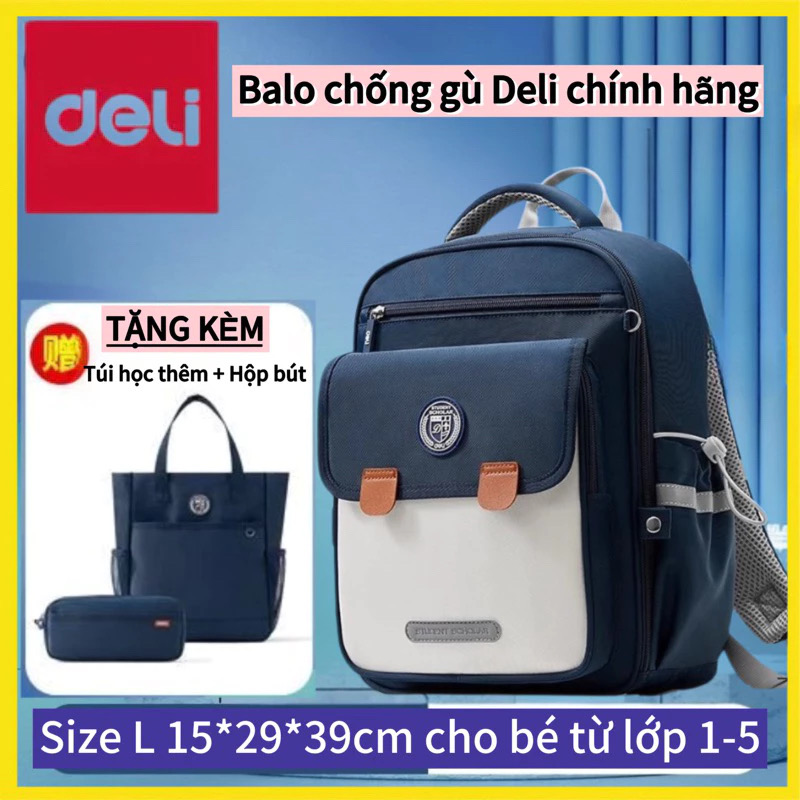 DELI set 3 cặp chống gù+ túi đi học thêm+ hộp bút