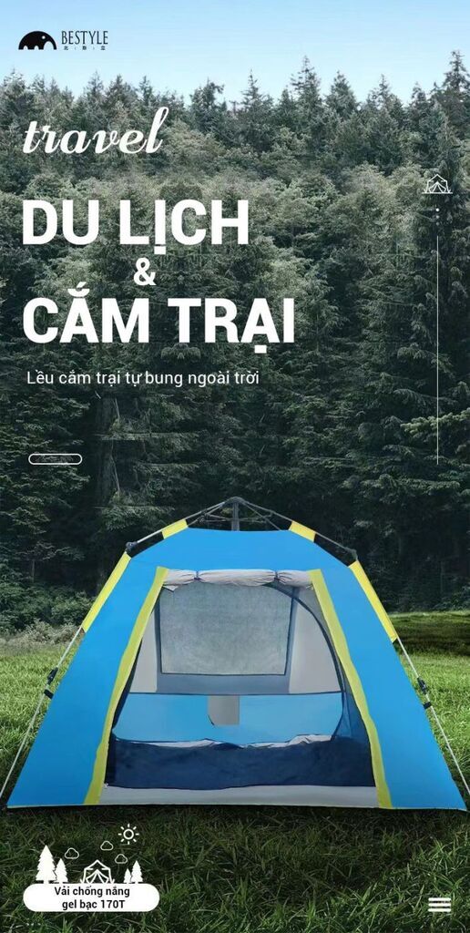 Lều Cắm trại Camping tự mở - chính hãng BESTYLE - khung sợi thuỷ tinh , lều 2 lớp
