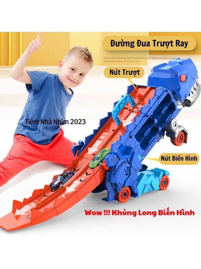 Đồ Chơi Xe Ô Tô Khủng Long 2in1, Xe Khủng Long Nuốt Ô Tô & xe Khủng long đường đua ( kèm 6 xe sắt)