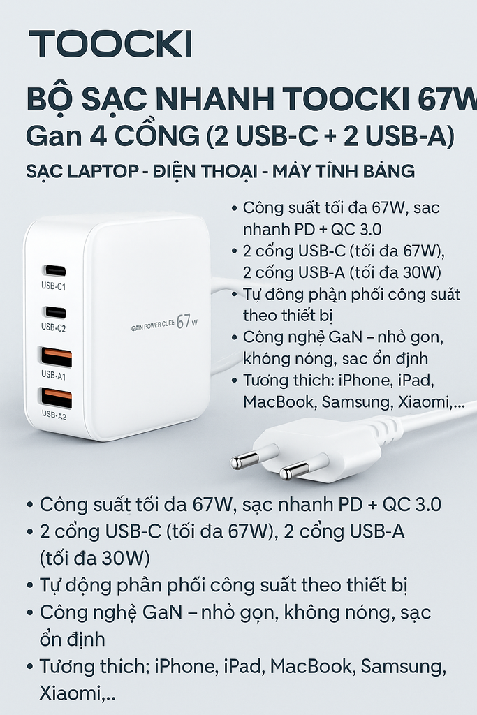 Bộ Sạc Nhanh TOOCKI 67W GaN 4 Cổng - Hàng xuất khẩu thị trường Korea
