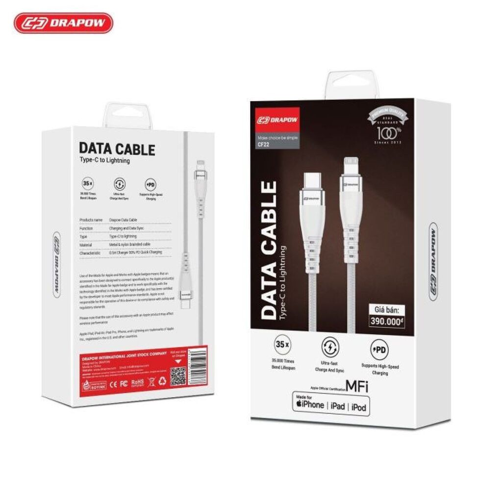 Dây cáp sạc nhanh 1M iPhone C to L chuẩn MFI hãng DRAPOW CF22 - fullbox