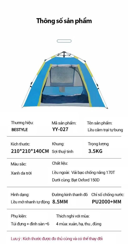 Lều Cắm trại Camping tự mở - chính hãng BESTYLE - khung sợi thuỷ tinh , lều 2 lớp - Ảnh 3